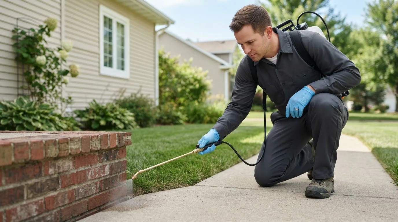 Pest control technician treating a home near Holden, UT